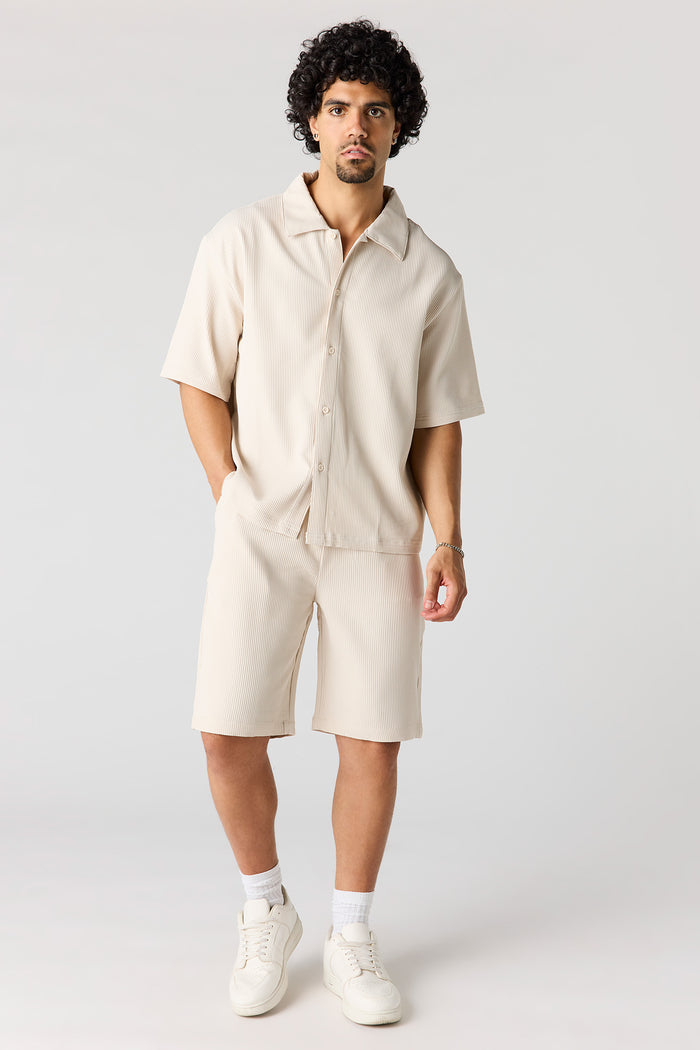 Textured Button-Up Collared Boxy Top