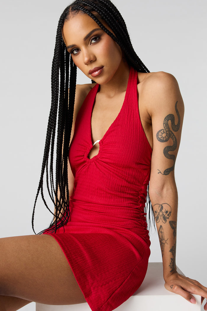 Textured Cut-Out Front Cinched Mini Dress