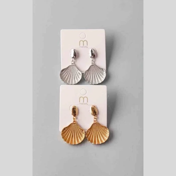 Textured Seashell Oval Drop Earrings – Gold & Silver Metallic Shell Dangle Earrings (ER39728GS)