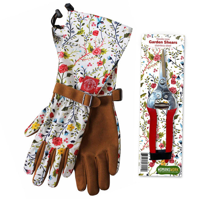 Floral-patterned gardening gloves with brown leather accents and a matching shears set on a white background.