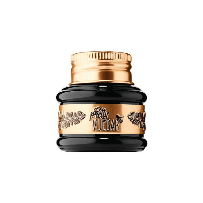 Small black and gold jar of The Ink Gel Eyeliner | Pretty Vulgar with feather design on the label against a white background.