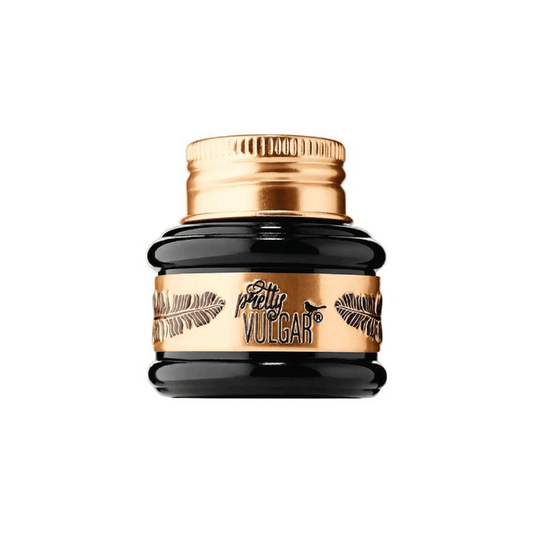 Small black and gold jar of The Ink Gel Eyeliner | Pretty Vulgar with feather design on the label against a white background.