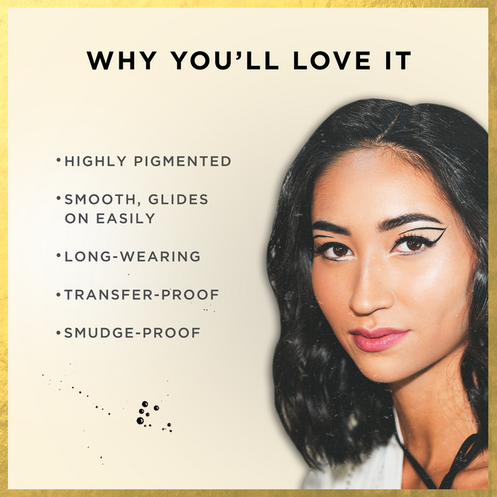 Woman with smooth black winged eyeliner wearing The Ink Gel Eyeliner | Pretty Vulgar, highlighting features like high pigmentation, smooth glide, long wear, transfer-proof, and smudge-proof formula.