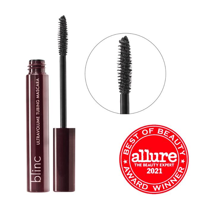 UltraVolume Tubing Mascara - Black | Blinc with curved brush showing bristles designed for volumizing lashes, alongside an Allure Best of Beauty Award 2021 badge.