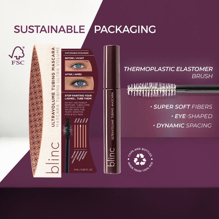 UltraVolume Tubing Mascara - Black | Blinc product display with sustainable packaging, mascara tube, detailed brush features highlighting thermoplastic elastomer, super soft fibers, eye-shaped design, and dynamic spacing.