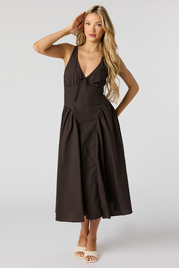 V-Neck Lace-Up Back Midi Dress