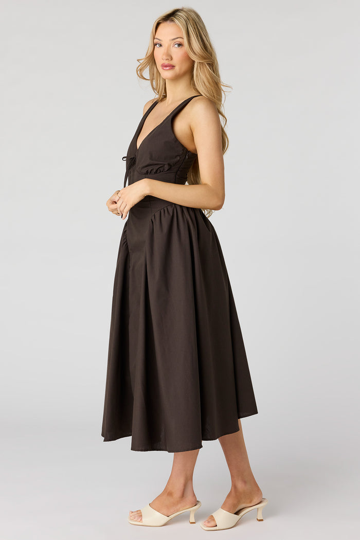 V-Neck Lace-Up Back Midi Dress