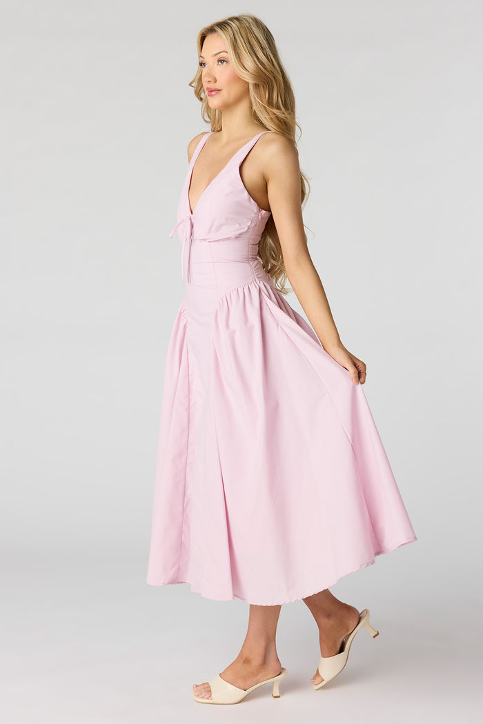 V-Neck Lace-Up Back Midi Dress