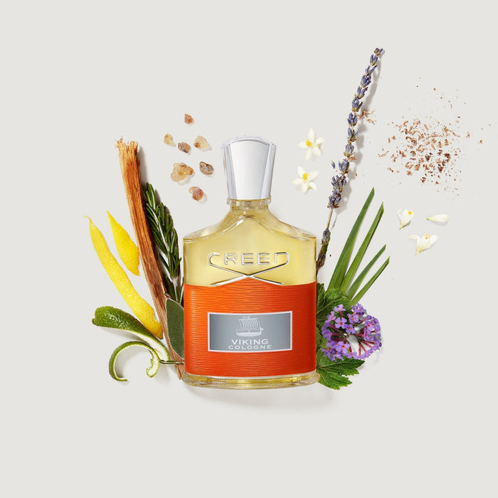 Viking Cologne Bottle with Citrus, Lavender and Vetiver Ingredients - Flat Lay | Creed Fragrances