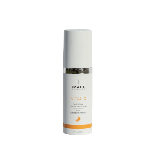 Bottle of VITAL C hydrating intense moisturizer | IMAGE Skincare featuring a white pump container with orange accents, designed for skincare and hydration.