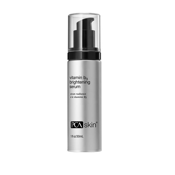 Vitamin B3 Brightening Serum | PCA Skin in a sleek silver pump bottle, designed for skincare routines to promote radiant and even complexion.