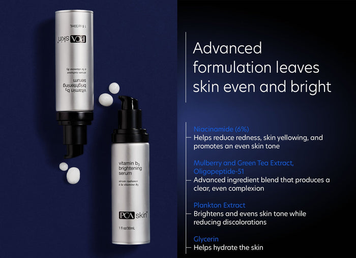 Two silver bottles of Vitamin B3 Brightening Serum | PCA Skin on a dark background next to text highlighting key ingredients like niacinamide, mulberry and green tea extract, plankton extract, and glycerin, emphasizing skin brightening and hydration benefits.