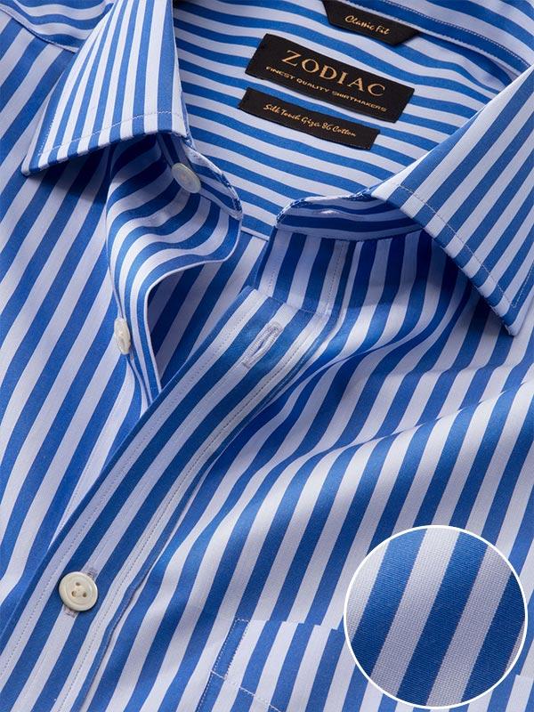 Vivace Blue Striped Full Sleeve Single Cuff Classic Fit Semi Formal Silk Touch Egyptian Giza Cotton Shirt