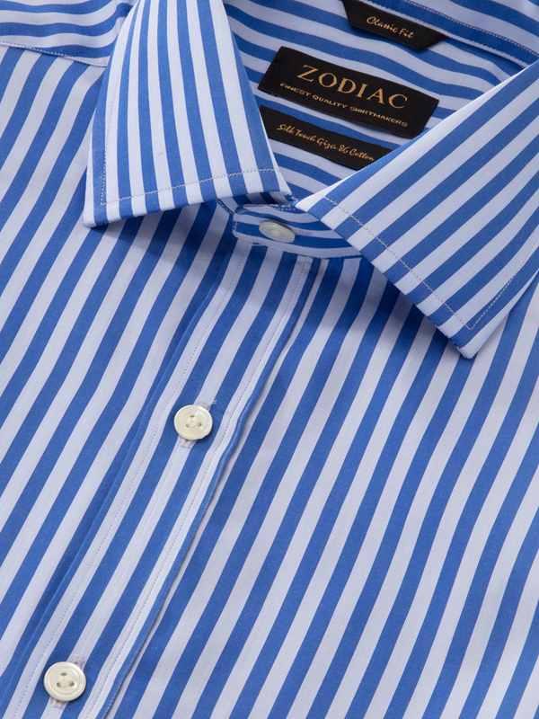 Vivace Blue Striped Full Sleeve Single Cuff Classic Fit Semi Formal Silk Touch Egyptian Giza Cotton Shirt