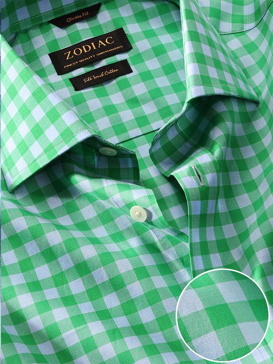 Vivace Green Check Full Sleeve Single Cuff Classic Fit Semi Formal Silk Touch Egyptian Giza Cotton Shirt
