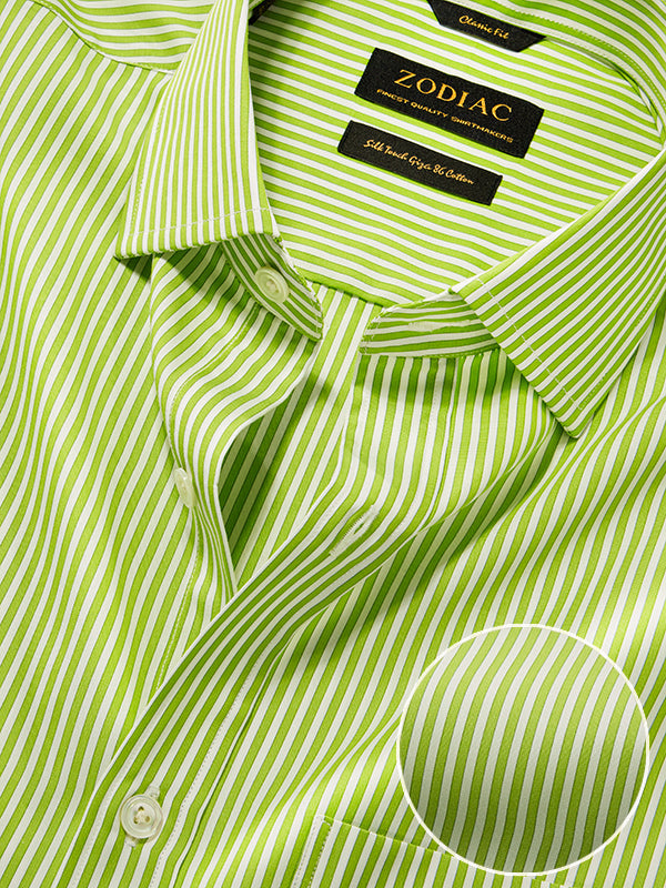 Vivace Lime Striped Full Sleeve Single Cuff Classic Fit Semi Formal Silk Touch Egyptian Giza Cotton Shirt