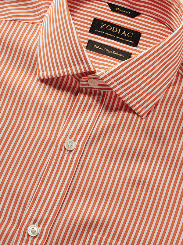 Vivace Orange Striped Full Sleeve Single Cuff Classic Fit Semi Formal Silk Touch Egyptian Giza Cotton Shirt