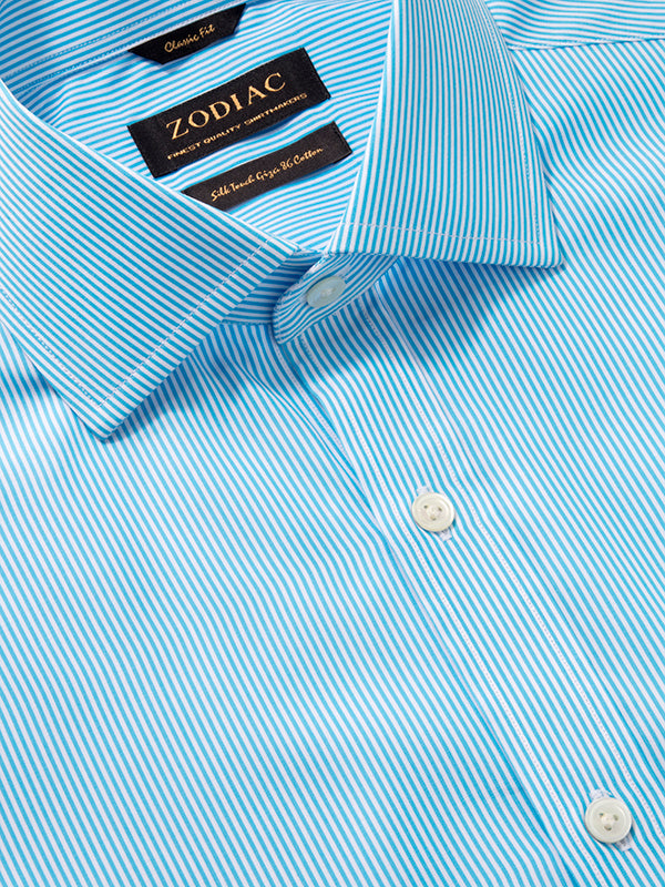 Vivace Turquoise Striped Full Sleeve Classic Fit Semi Formal Silk Touch Egyptian Giza Cotton Shirt