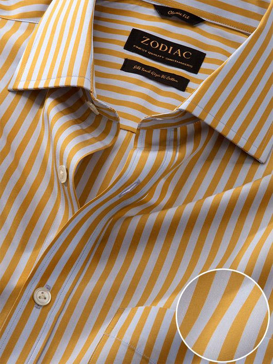 Vivace Yellow Striped Full Sleeve Single Cuff Classic Fit Semi Formal Silk Touch Egyptian Giza Cotton Shirt