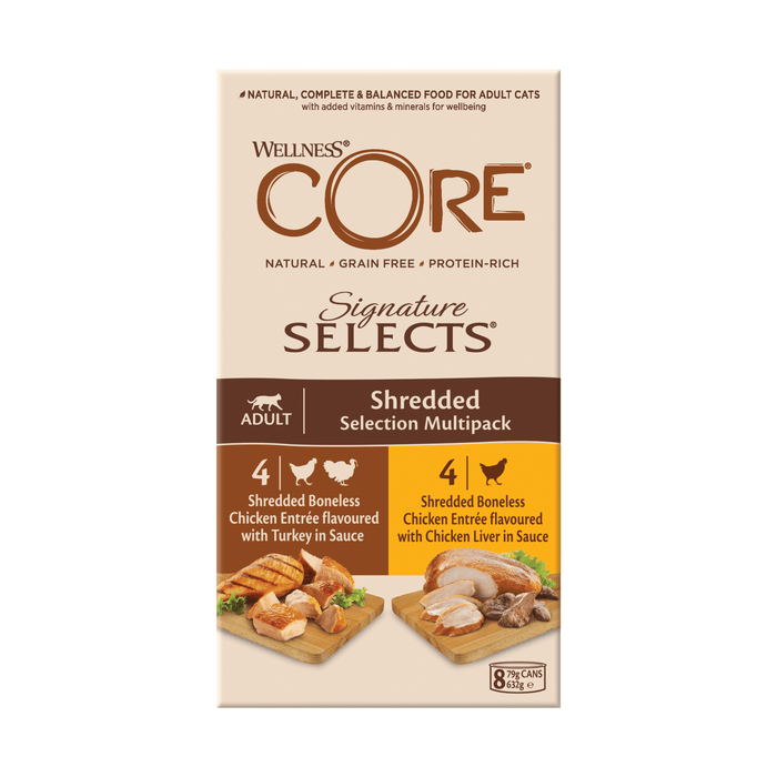 White background with a picture of a box of Wellness CORE Signature Selects wet cat food. The box is cream with text stating 'Wellness CORE, Natural, Grain Free, Protein-Rich, Signature Selects, Shredded Selection Multipack, Adult, 4x Shredded Boneless Chicken Entrée flavoured with Turkey in Sauce ,  4x Shredded Boneless Chicken Entrée flavoured with Chicken Liver in Sauce' with a pictures of two chopping boards with fresh cooked chicken and turkey on.