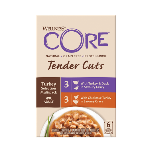 White background with a picture of a box of Wellness CORE Tender Cuts wet cat food. The box is cream with text stating 'Wellness CORE, Natural, Grain Free, Protein-Rich, Tender Cuts, Turkey Selection Multipack, Adult, 3x with Turkey & Duck in savoury gravy, 3x With Chicken & Turkey in savoury gravy' with a picture with a bowl of wet food below.