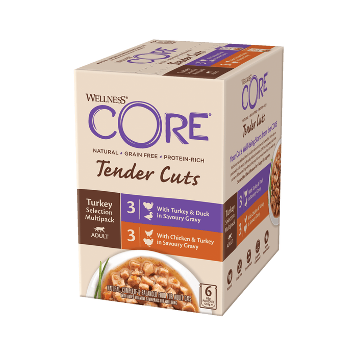 White background with a picture of a side view of a box of Wellness CORE Tender Cuts wet cat food. The box is cream with text stating 'Wellness CORE, Natural, Grain Free, Protein-Rich, Tender Cuts, Turkey Selection Multipack, Adult, 3x with Turkey & Duck in savoury gravy, 3x With Chicken & Turkey in savoury gravy' with a picture with a bowl of wet food below.