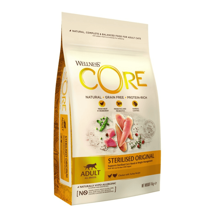 White background with a picture of a bag of Wellness CORE Sterilised Original Cat Food. On the bag is pictures of chicken breast, turkey chunks, peas and cranberries. The text on the bag 'Wellness CORE, Natural, Grain Free, Protein-Rich' and 'Adult, All breeds, Sterilised Original'.