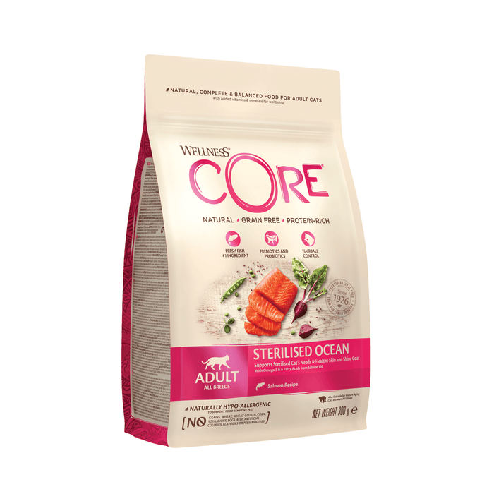 White background with a picture of a bag of Wellness CORE Sterilised Cat Food. On the bag is pictures of Salmon fillet, peas and a beet. The text on the bag 'Wellness CORE, Natural, Grain Free, Protein-Rich' and 'Adult, All breeds, Sterilised Ocean, Salmon Recipe'.