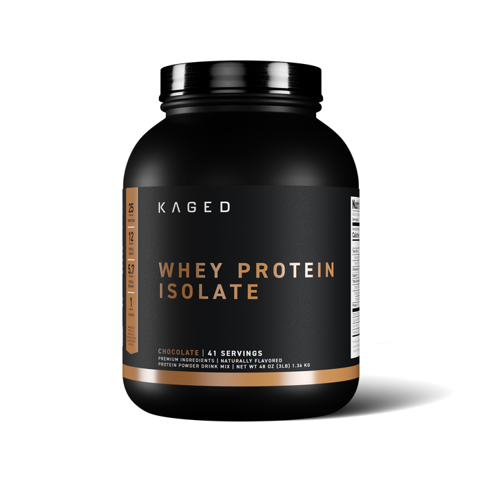 Front view of Kaged Whey Protein Isolate 3 lb tub showing WHEY PROTEIN ISOLATE label, chocolate flavor and 41 servings #flavor_chocolate