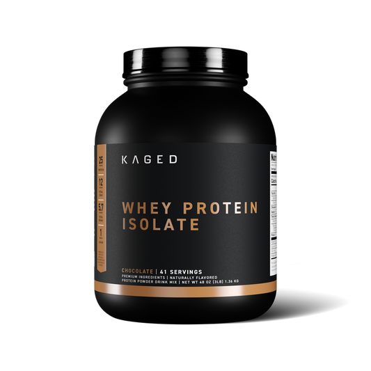 Front view of Kaged Whey Protein Isolate 3 lb tub showing WHEY PROTEIN ISOLATE label, chocolate flavor and 41 servings #flavor_chocolate