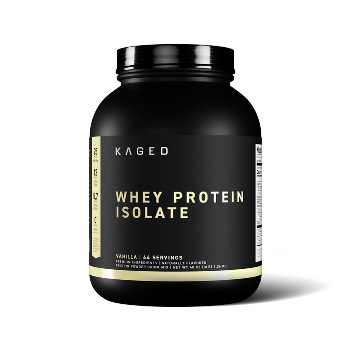 Front view of Kaged Whey Protein Isolate tub showing label Whey Protein Isolate and Vanilla, 44 servings on plain background #flavor_vanilla