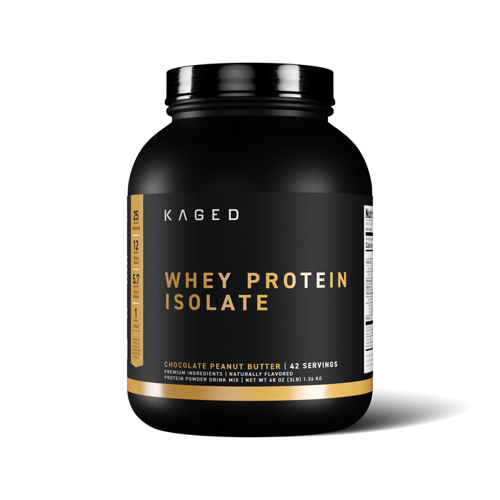 Front view of Kaged Whey Protein Isolate tub, Chocolate Peanut Butter flavor, showing black label with large "WHEY PROTEIN ISOLATE" text and "42 servings" #flavor_chocolate peanut butter