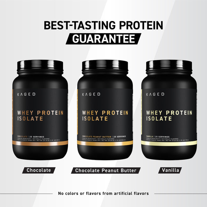 Front view of three Whey Protein Isolate tubs with Best-Tasting Protein Guarantee banner on light background