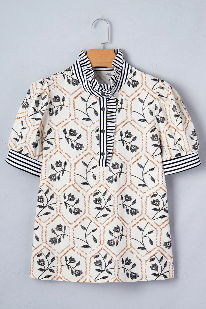 White Floral Print Striped Patchwork Button Neck Short Sleeve Blouse