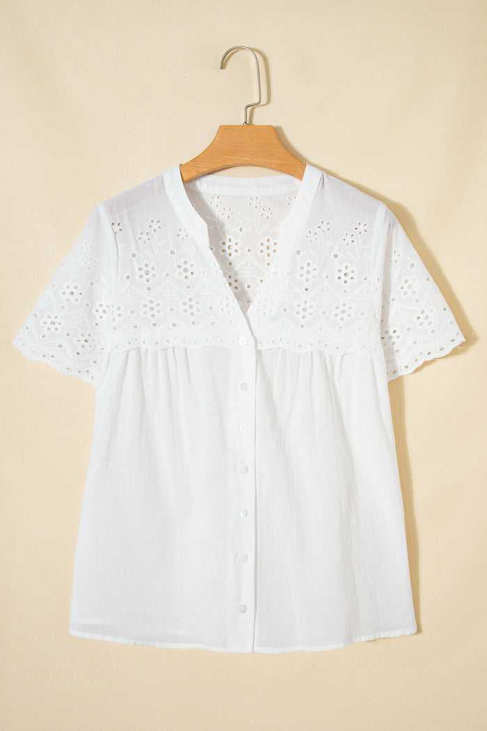 White Flower Eyelet Embroidered Patchwork Sheer Short Sleeve Shirt