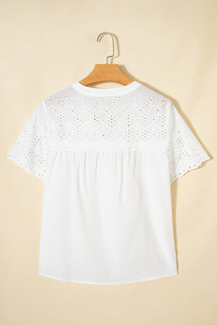 White Flower Eyelet Embroidered Patchwork Sheer Short Sleeve Shirt