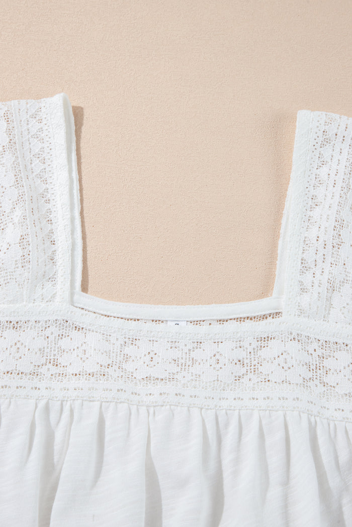 White Hollowed Lace Patchwork Square Neck Short Sleeve Blouse