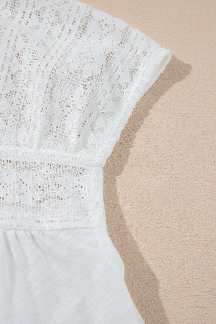 White Hollowed Lace Patchwork Square Neck Short Sleeve Blouse