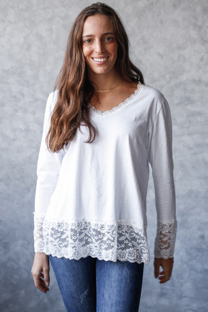 White Lace Trim V Neck Cuffed Long Sleeve Loose Top