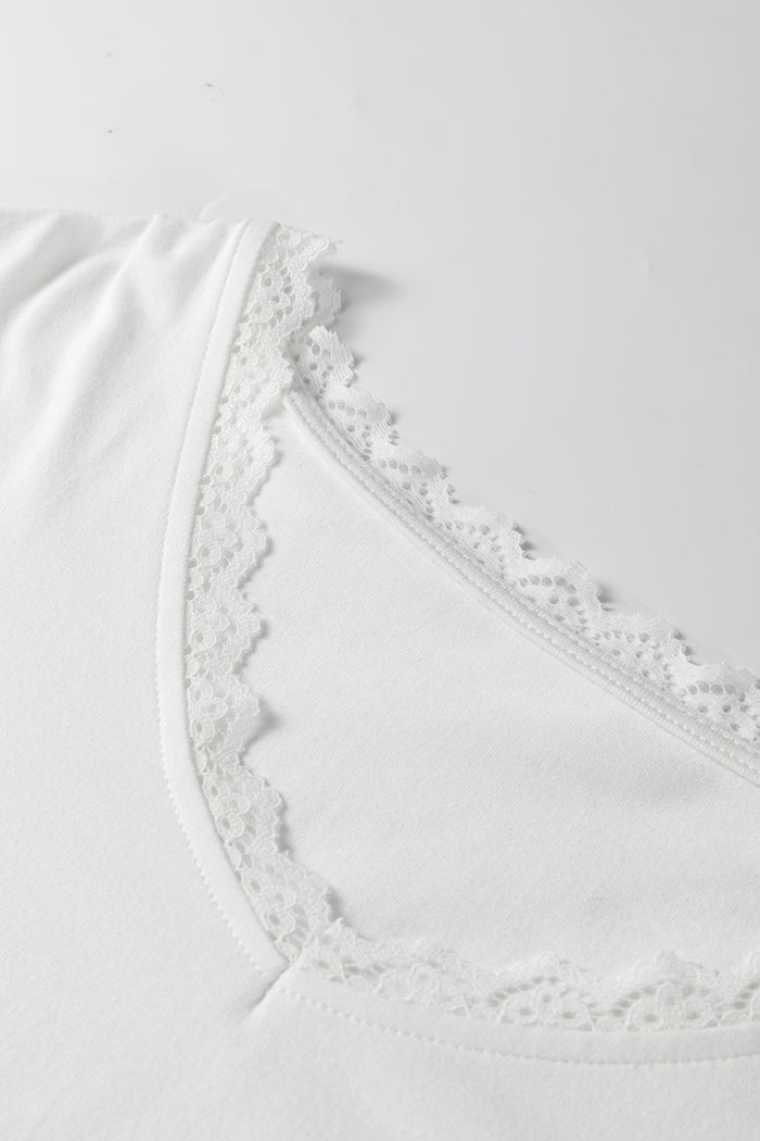 White Lace Trim V Neck Cuffed Long Sleeve Loose Top