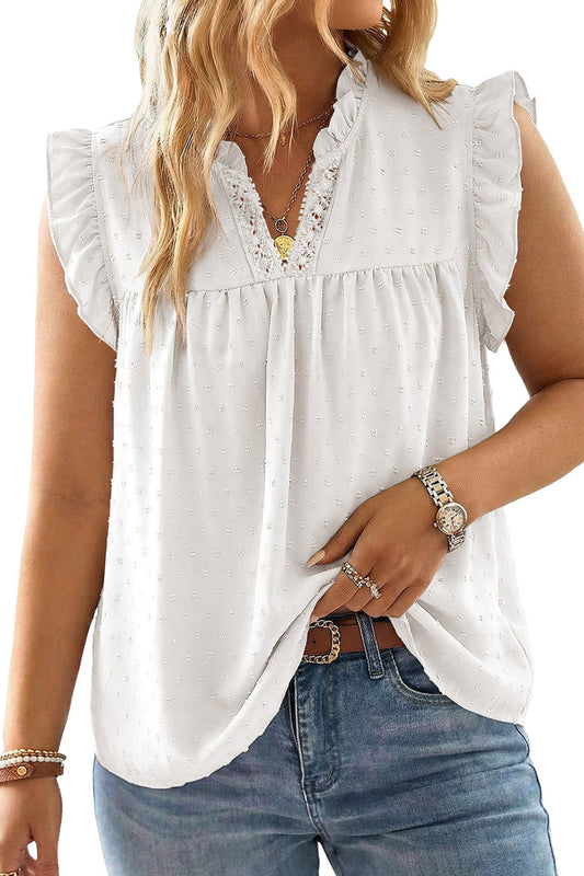 White Plus Size Swiss Dot Ruffle Lace Trim V Neck Tank Top