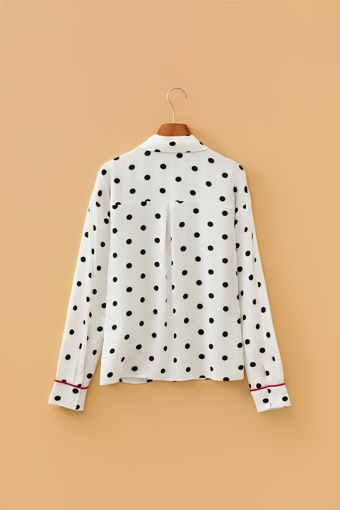 White Polka Dot Print Contrast Piping Elegant Shirt