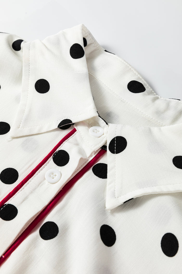 White Polka Dot Print Contrast Piping Elegant Shirt