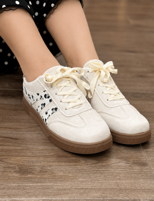 White Suede Leopard Color Block Trim Lace Ups