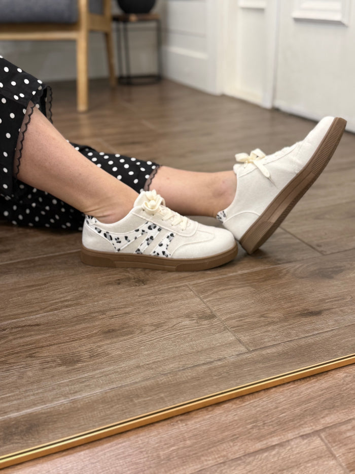 White Suede Leopard Color Block Trim Lace Ups