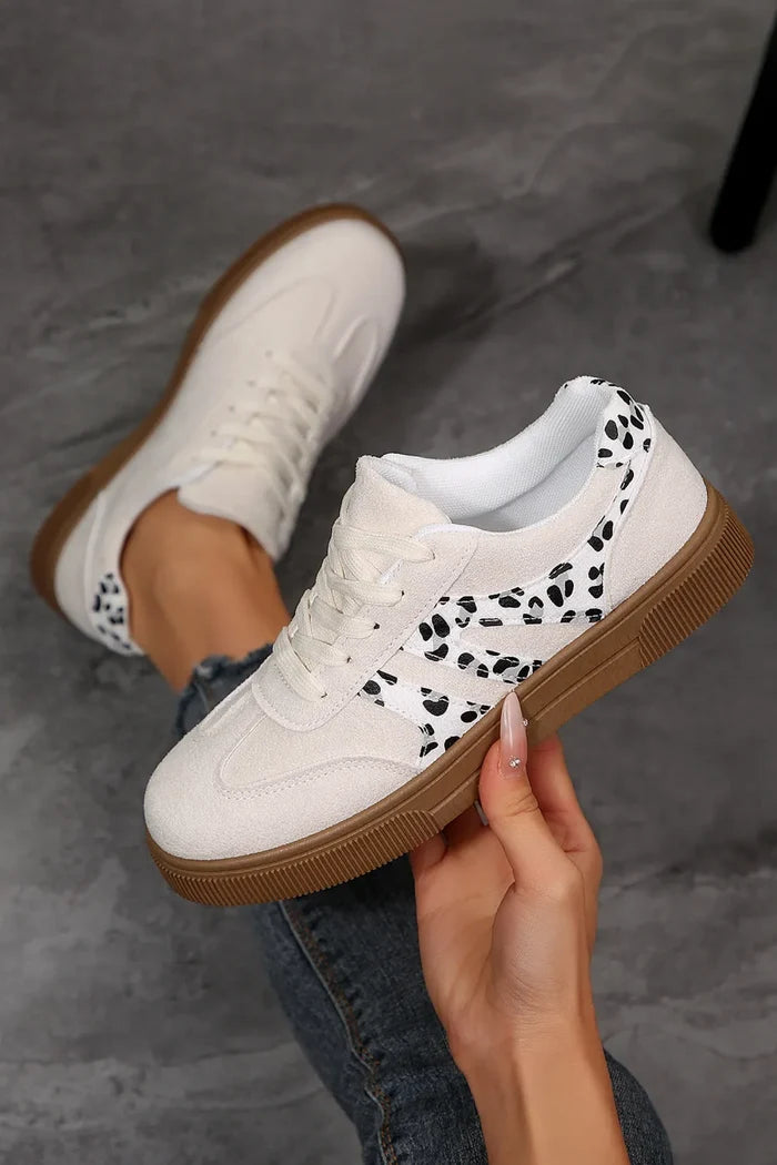 White Suede Leopard Color Block Trim Lace Ups