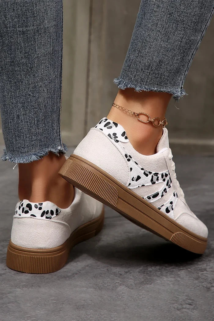 White Suede Leopard Color Block Trim Lace Ups