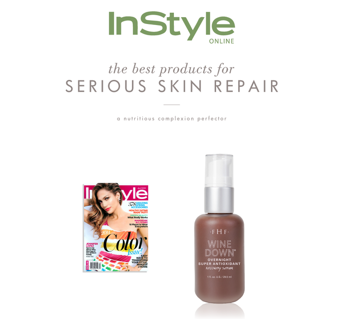 Bottle of Wine Down® Overnight Super Antioxidant Recovery Serum | Farmhouse Fresh skincare product displayed next to an InStyle magazine cover promoting serious skin repair.