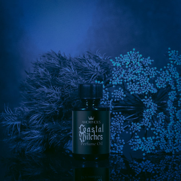 Perfume bottle labeled 'Coastal Witches' with a dark blue background and decorative elements.
