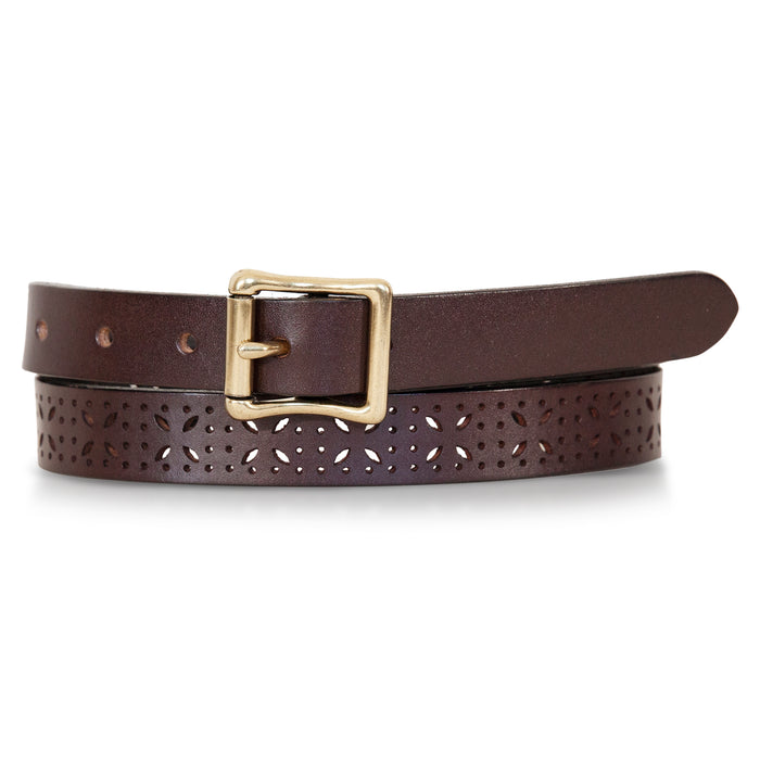Perforated Pattern Leather Belt-Brown-1